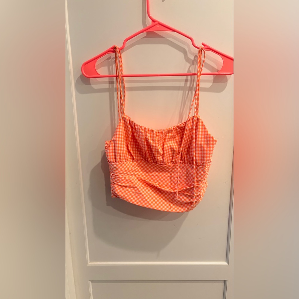 Zara Vibrant Orange Checkered Top Size Small